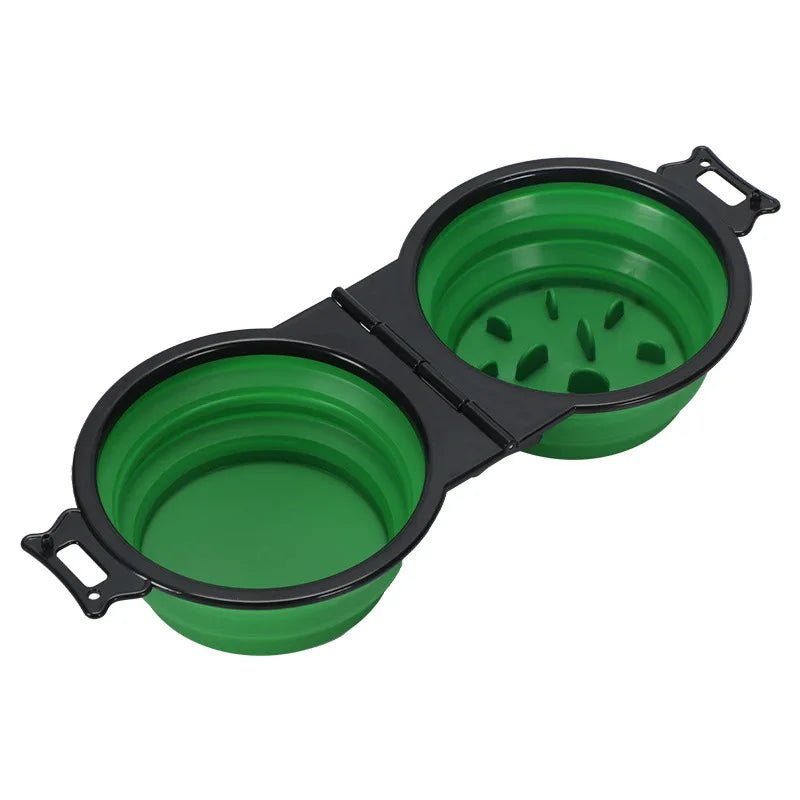 green 2-in-1 Foldable Dual Dog Bowl – Portable Travel Food & Water Feeder with Optional Slow Feed Design - PeakPaws Co.