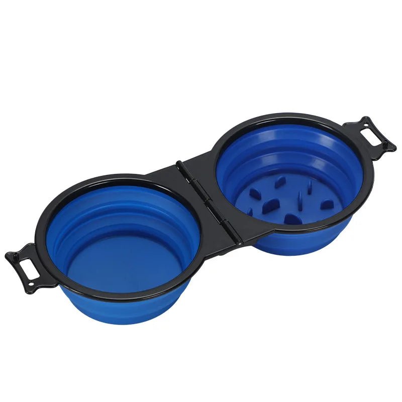 blue 2-in-1 Foldable Dual Dog Bowl – Portable Travel Food & Water Feeder with Optional Slow Feed Design - PeakPaws Co.