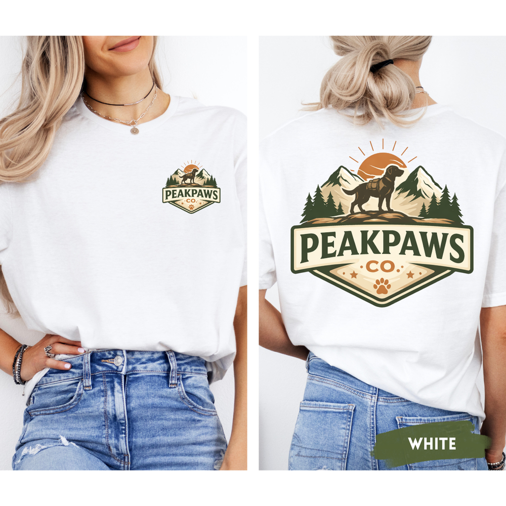 PeakPaws T-Shirt – Outdoor Hiking Graphic Tee for Dog Lovers (Unisex S–2XL, 11 Colors)
