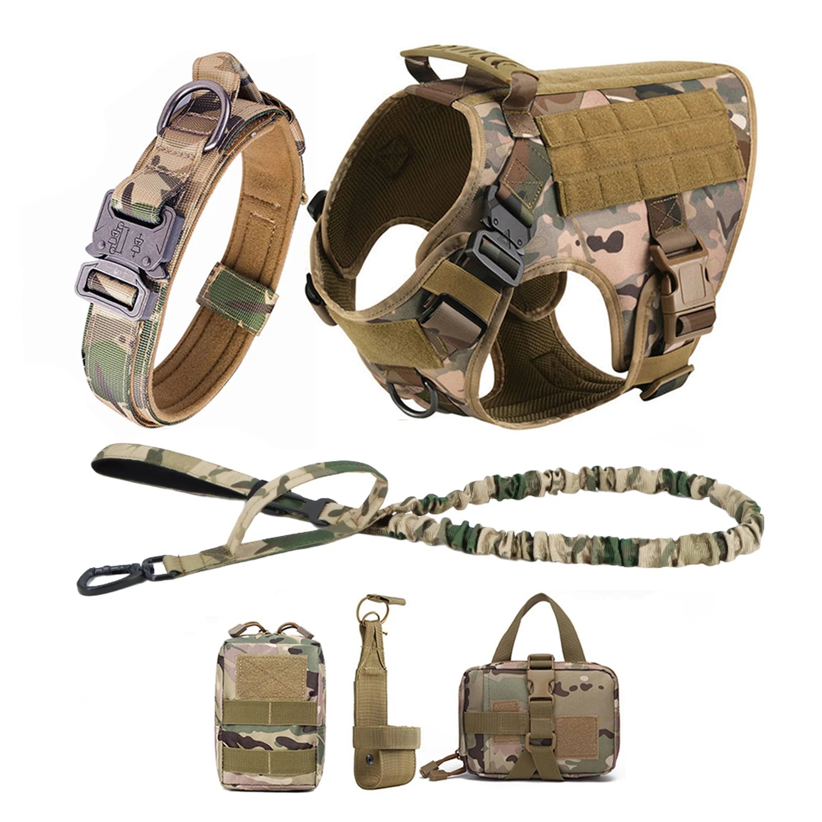 camo 6-Piece Tactical Dog Adventure Kit | Harness, Collar, Leash & MOLLE Saddle Bag Set (4 Colors) - PeakPaws Co.
