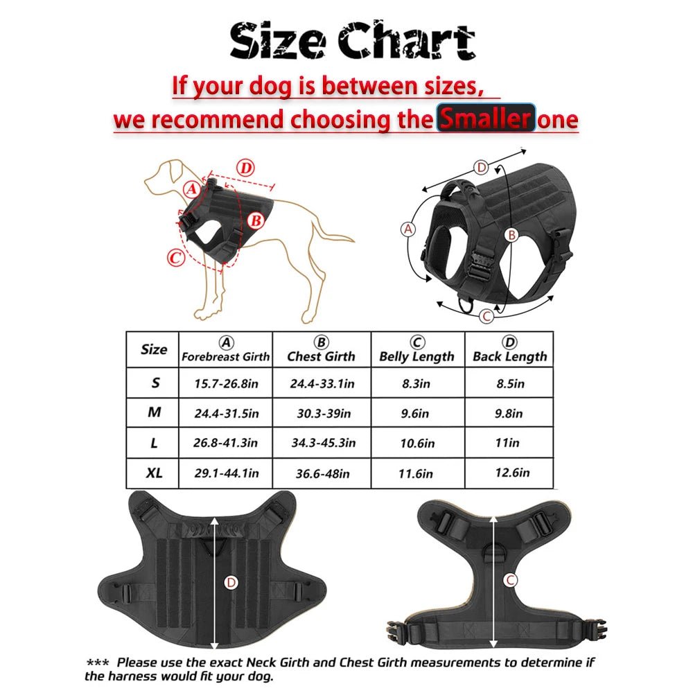 Size Chart 6-Piece Tactical Dog Adventure Kit | Harness, Collar, Leash & MOLLE Saddle Bag Set (4 Colors) - PeakPaws Co.