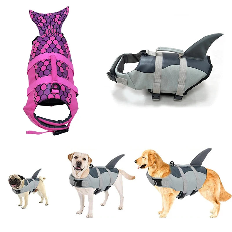 Dog life jackets in pink, gray, and purple designs on a white background.