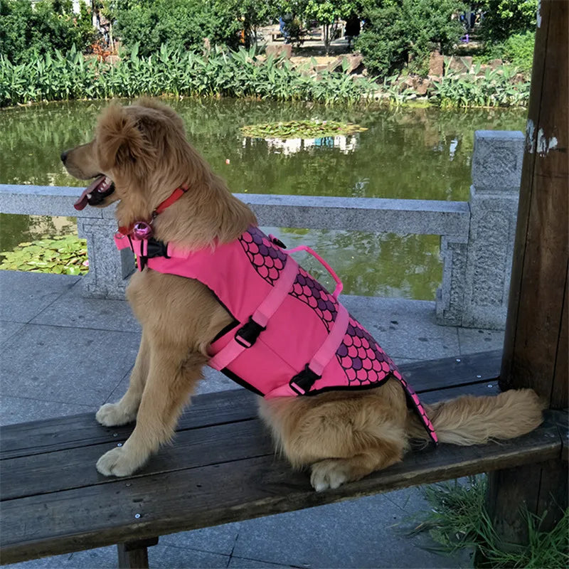 Dog wearing a pink life jacket sitting on a wooden bench by a pond.
