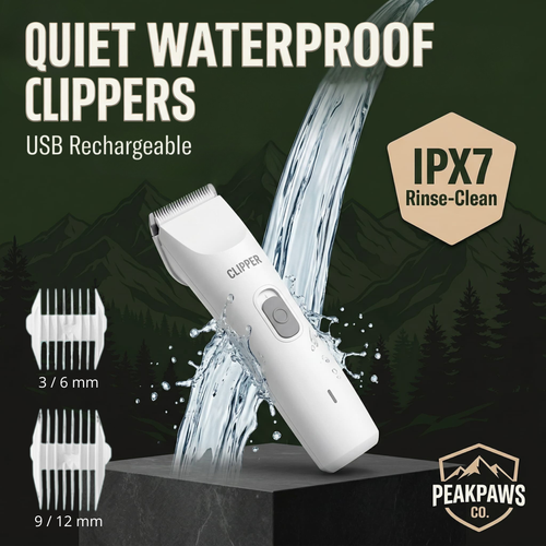 Waterproof Dog Grooming Clippers – Quiet USB Rechargeable Pet Hair Trimmer with Ceramic Blades PeakPaws Co.