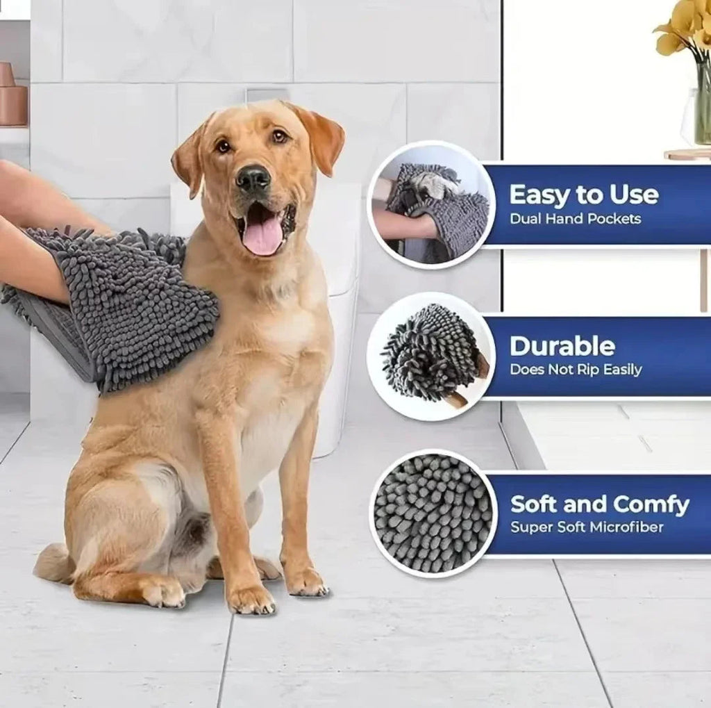 Super Absorbent Dog Towel with Hand Pockets – Quick-Dry Chenille Pet Bath Towel PeakPaws Co.