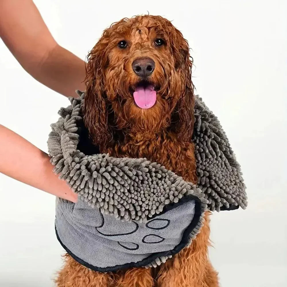 Super Absorbent Dog Towel with Hand Pockets – Quick-Dry Chenille Pet Bath Towel PeakPaws Co.