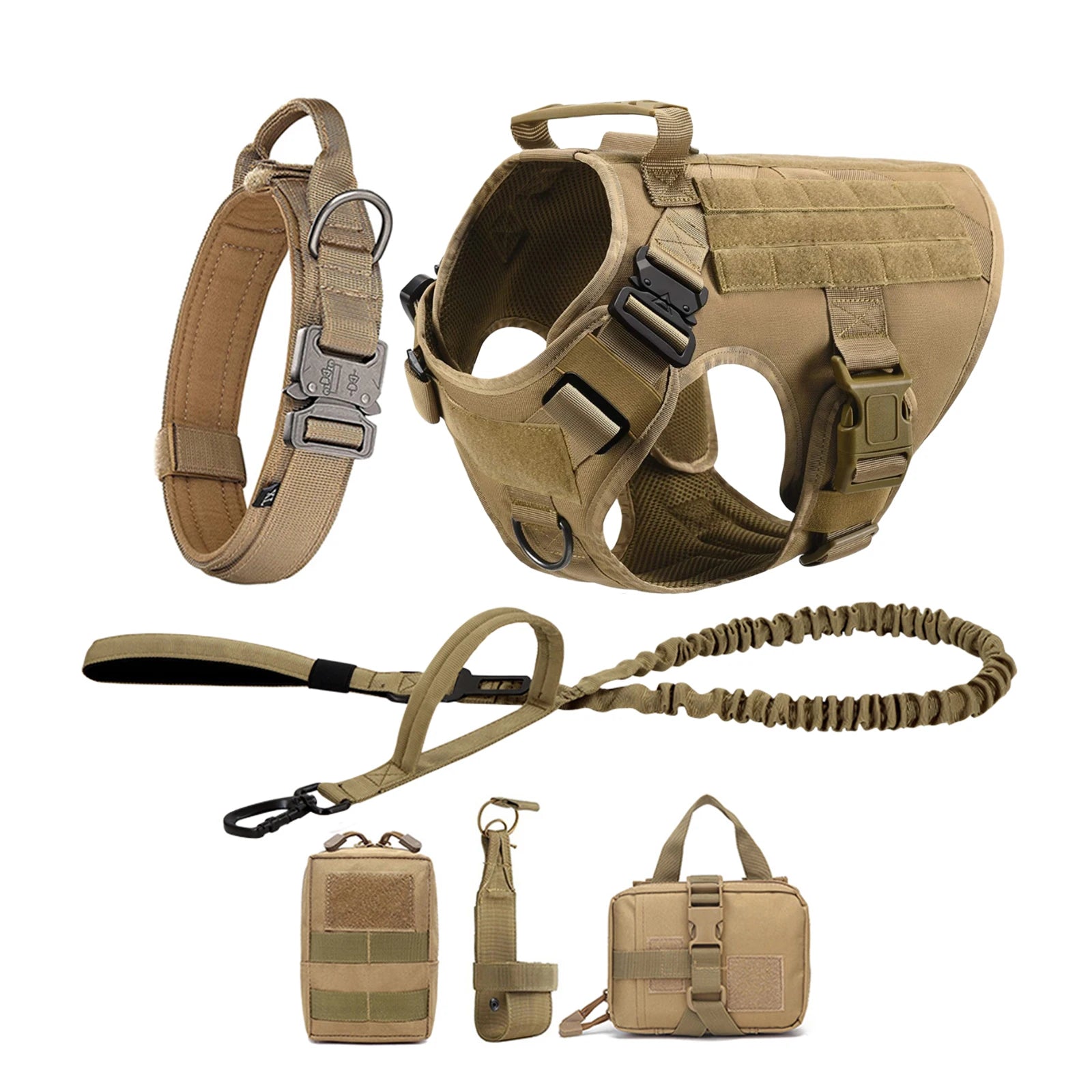 6-Piece Tactical Dog Adventure Kit | Harness, Collar, Leash & MOLLE Saddle Bag Set (4 Colors)