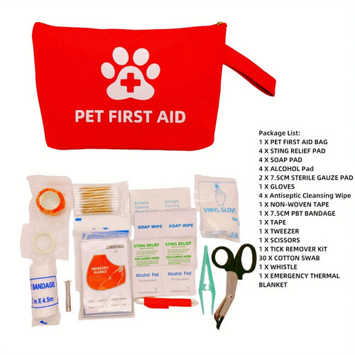 Pet first aid kit with red bag labeled 'Pet First Aid' and various medical supplies on a white background.