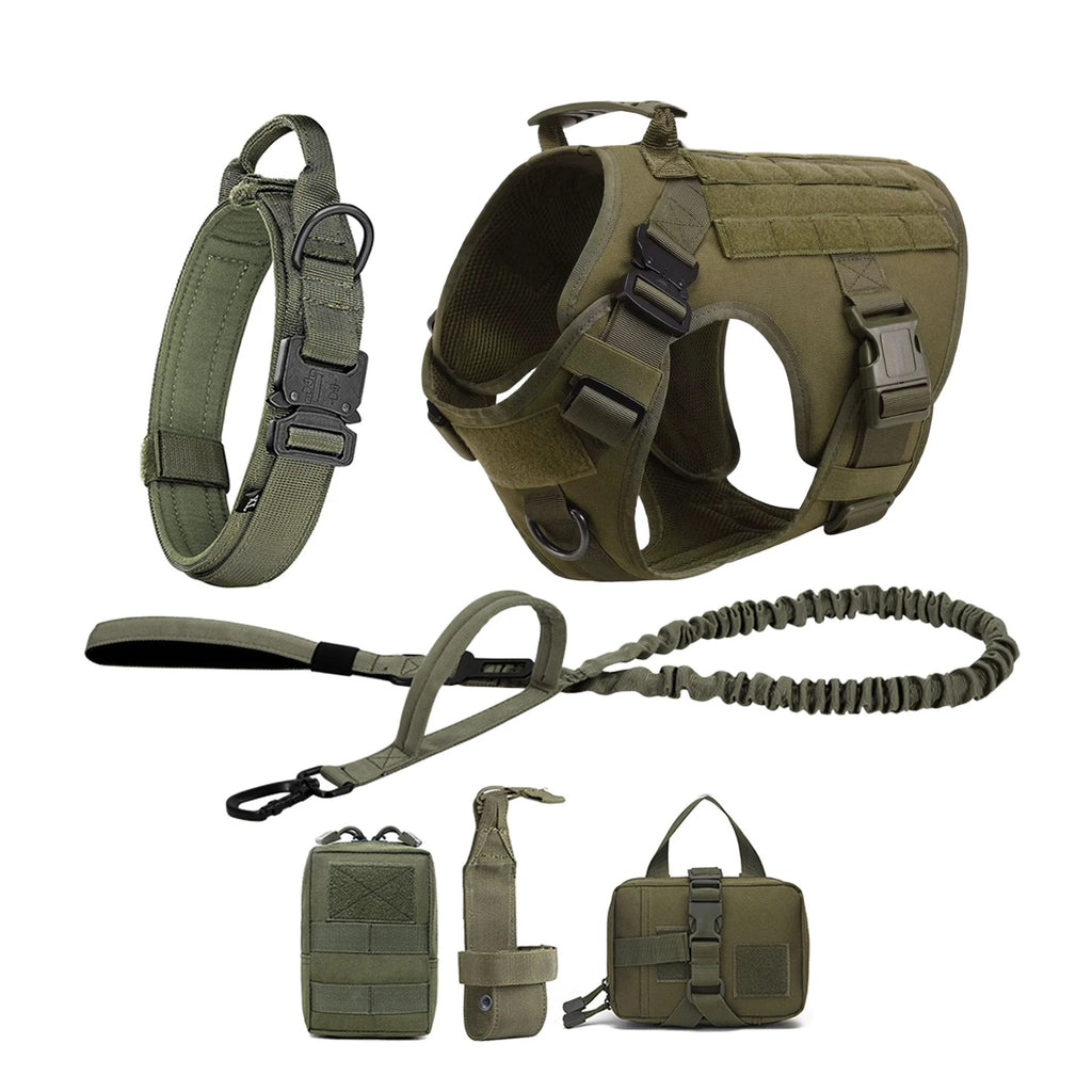 6-Piece Tactical Dog Adventure Kit | Harness, Collar, Leash & MOLLE Saddle Bag Set (4 Colors)