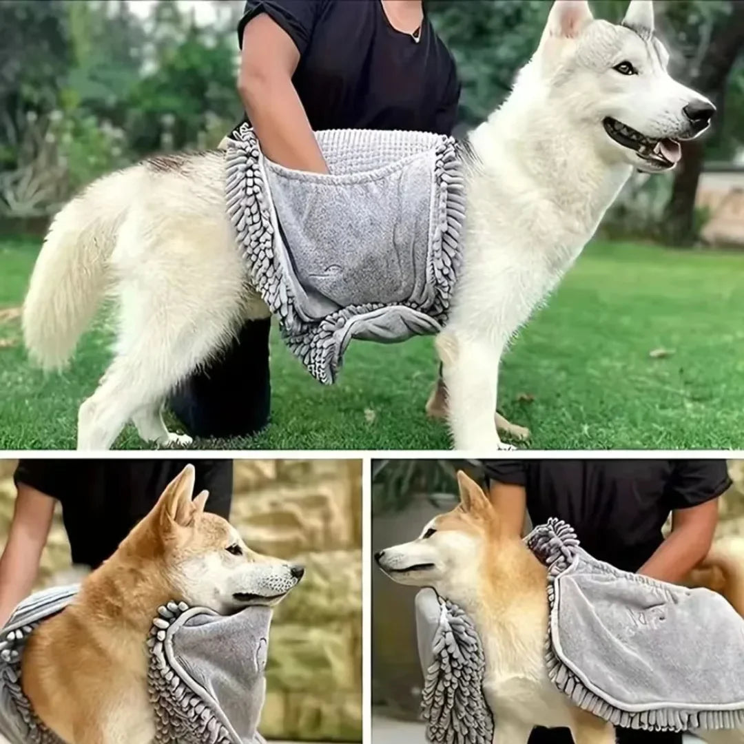 Super Absorbent Dog Towel with Hand Pockets – Quick-Dry Chenille Pet Bath Towel PeakPaws Co.