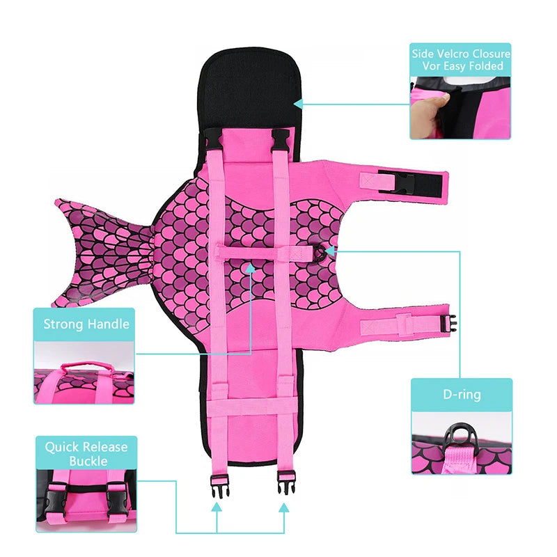 Pink and black mermaid dog life vest with features highlighted on a white background
