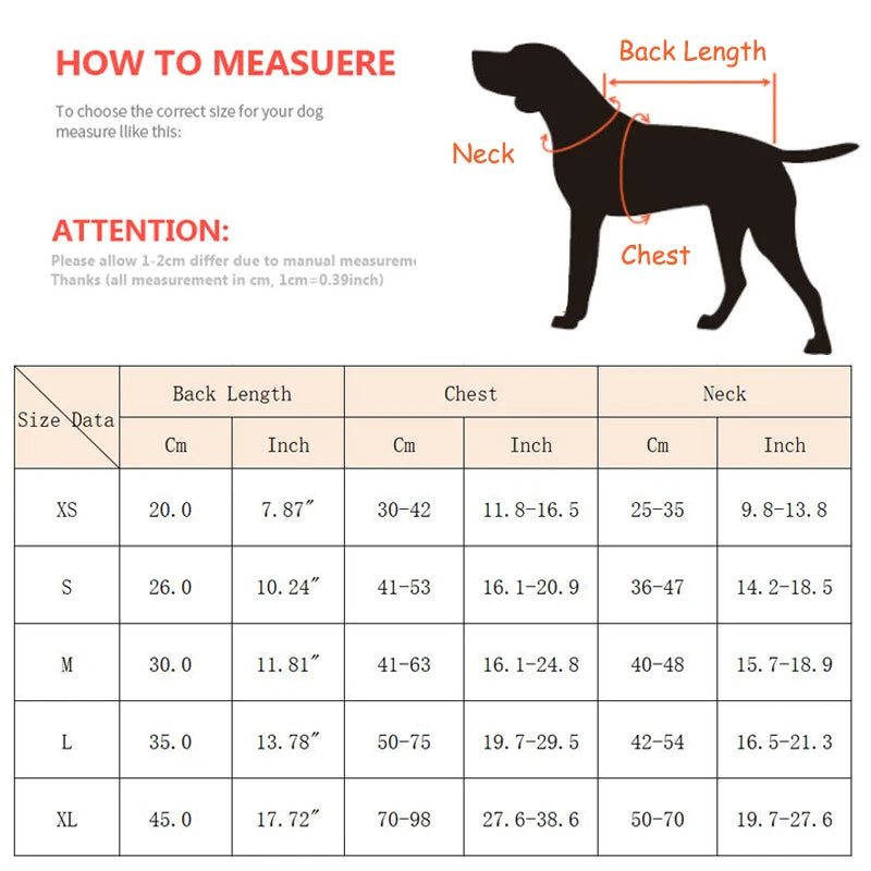 Dog measurement chart for sizing with a silhouette of a dog and labeled measurements.