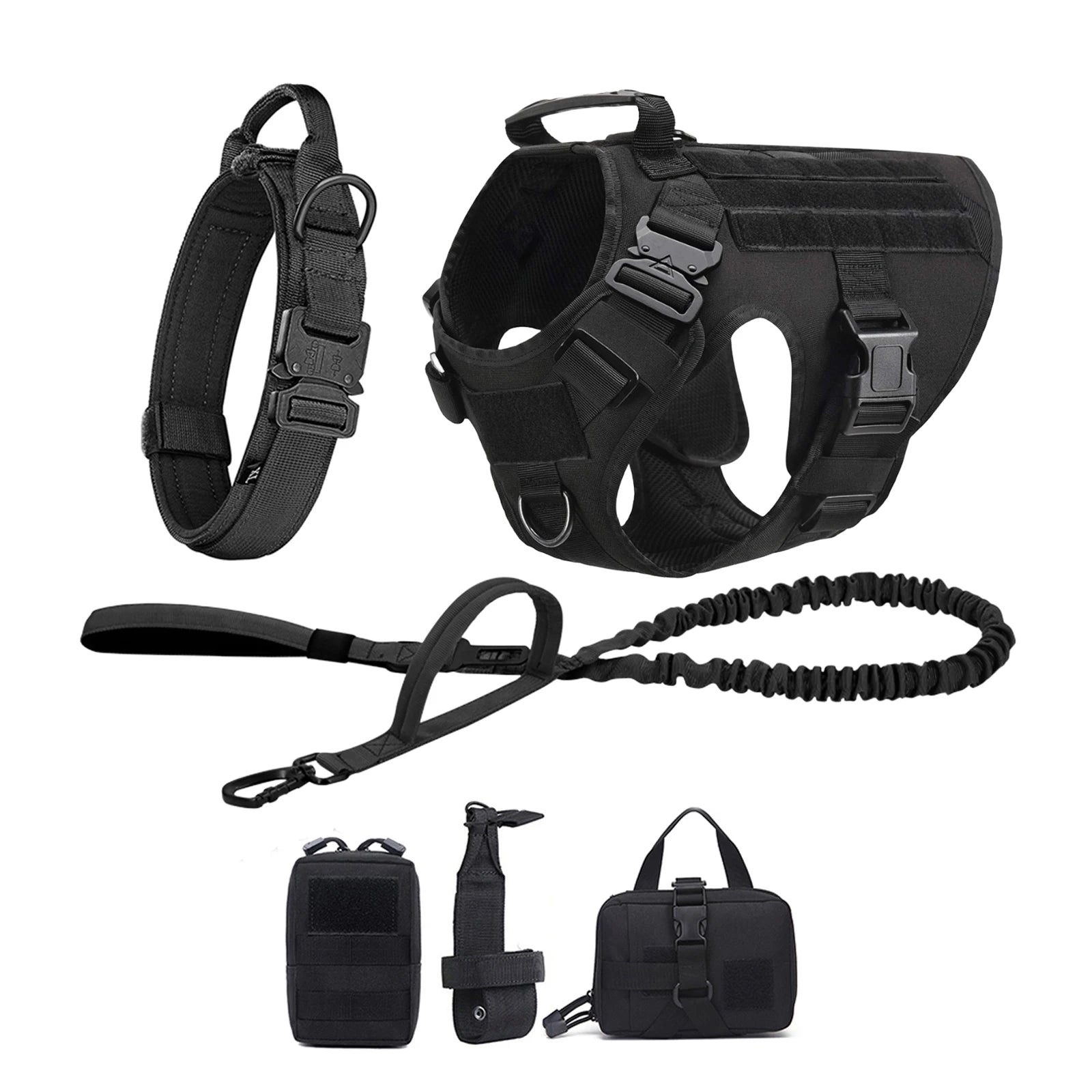 6-Piece Tactical Dog Adventure Kit | Harness, Collar, Leash & MOLLE Saddle Bag Set (4 Colors)