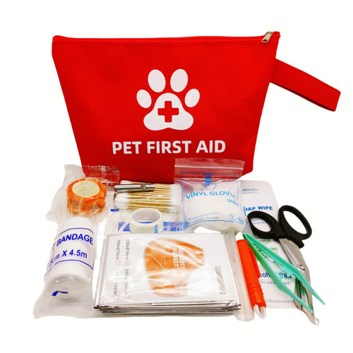 Pet first aid kit with red pouch featuring a paw print and 'Pet First Aid' text, displayed on a white background.