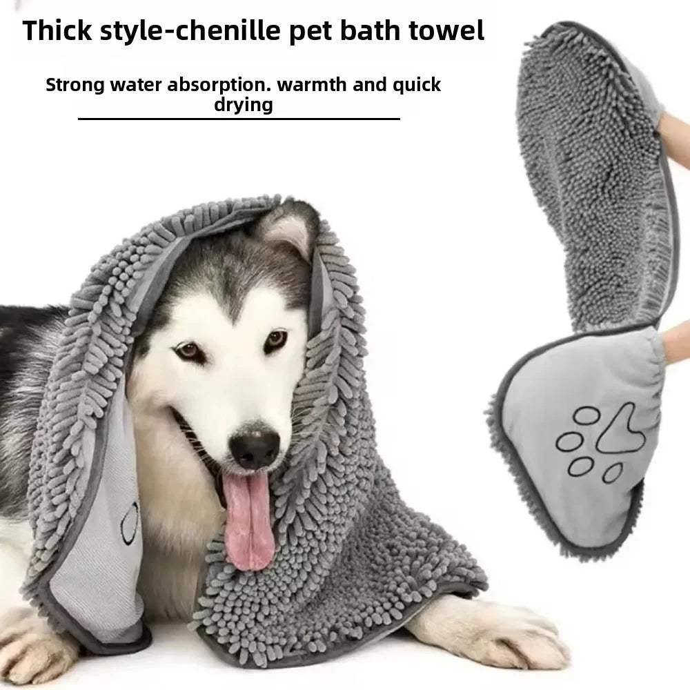 Super Absorbent Dog Towel with Hand Pockets – Quick-Dry Chenille Pet Bath Towel PeakPaws Co.