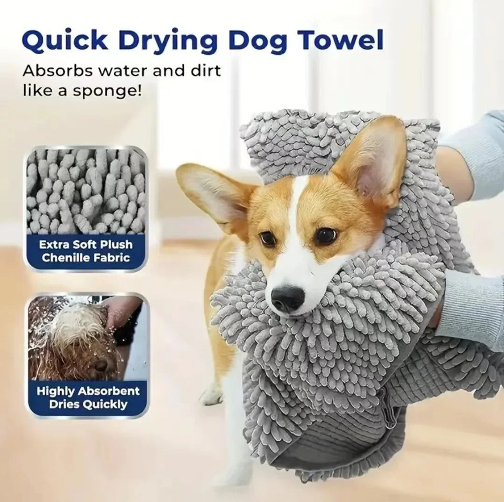 Super Absorbent Dog Towel with Hand Pockets – Quick-Dry Chenille Pet Bath Towel PeakPaws Co.