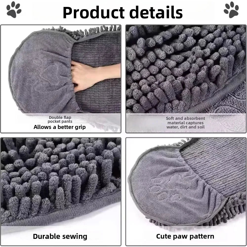 Super Absorbent Dog Towel with Hand Pockets – Quick-Dry Chenille Pet Bath Towel PeakPaws Co.