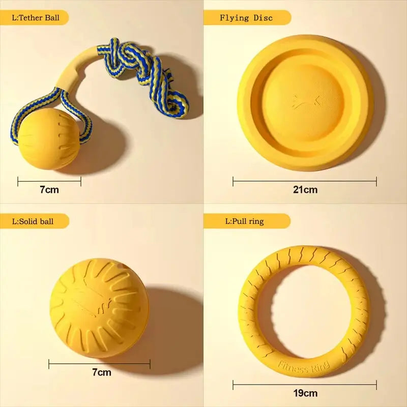 Dog Toy Set (4-Pack) – EVA Durable Fetch, Tug & Chew Toys for Outdoor Play (Disc, Ball, Rope, Ring – L/XL) PeakPaws Co.