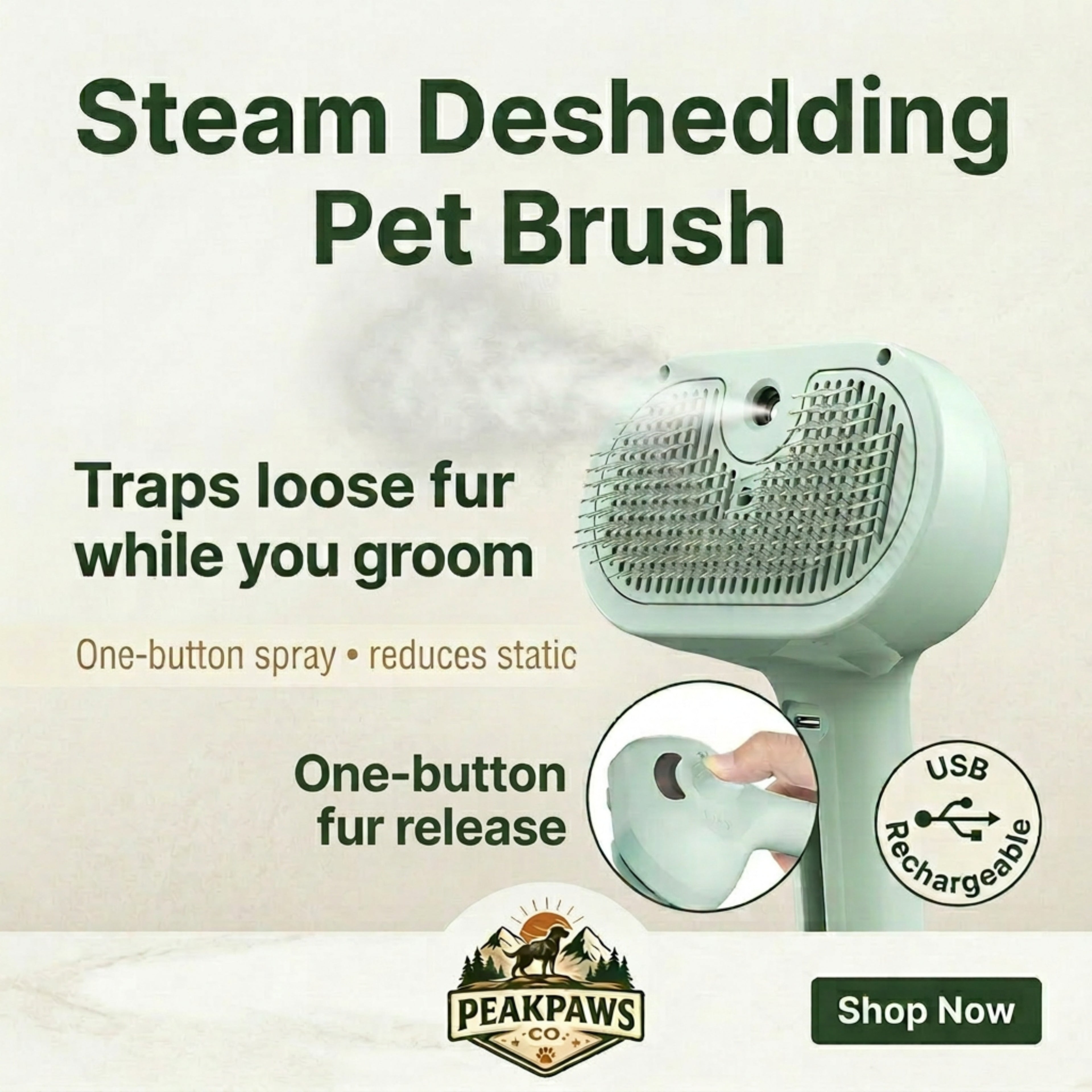 Steam Dog Grooming Brush – USB Rechargeable Deshedding Comb with Spray