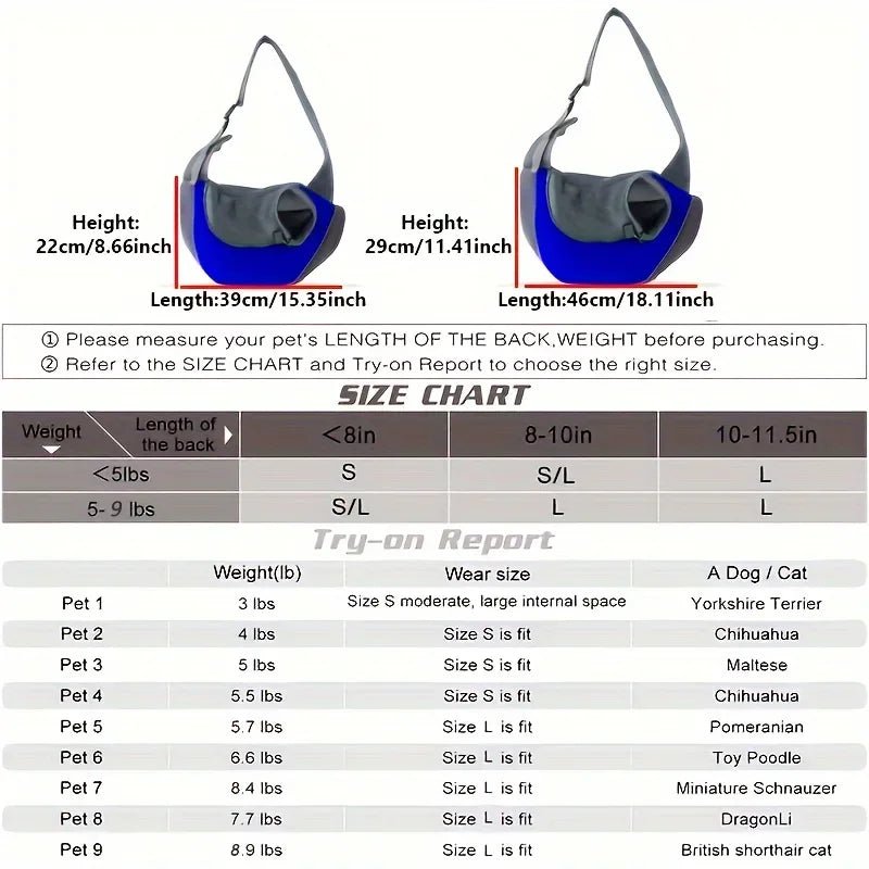 Size Chart for Breathable Dog Sling Carrier Backpack – Hands-Free Crossbody Travel Bag - PeakPaws Co.