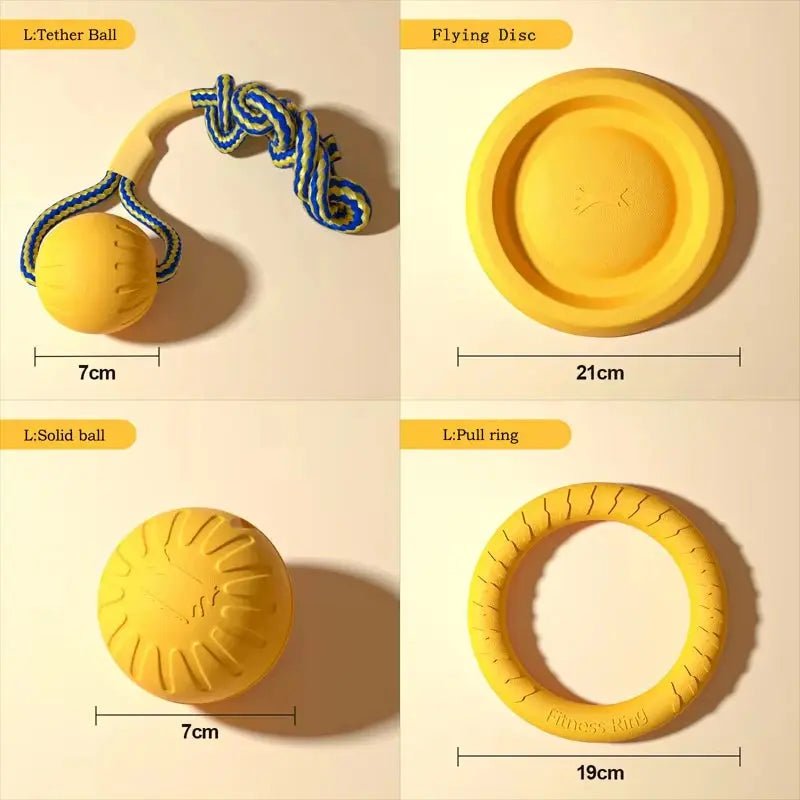 Dog Toy Set (4-Pack) – EVA Durable Fetch, Tug & Chew Toys for Outdoor Play (Disc, Ball, Rope, Ring – L/XL) - PeakPaws Co.