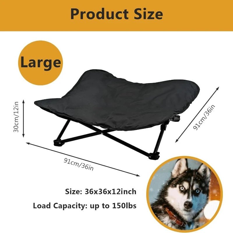 black Elevated Dog Camping Bed – Foldable Raised Pet Cot with Waterproof Cushion - PeakPaws Co.