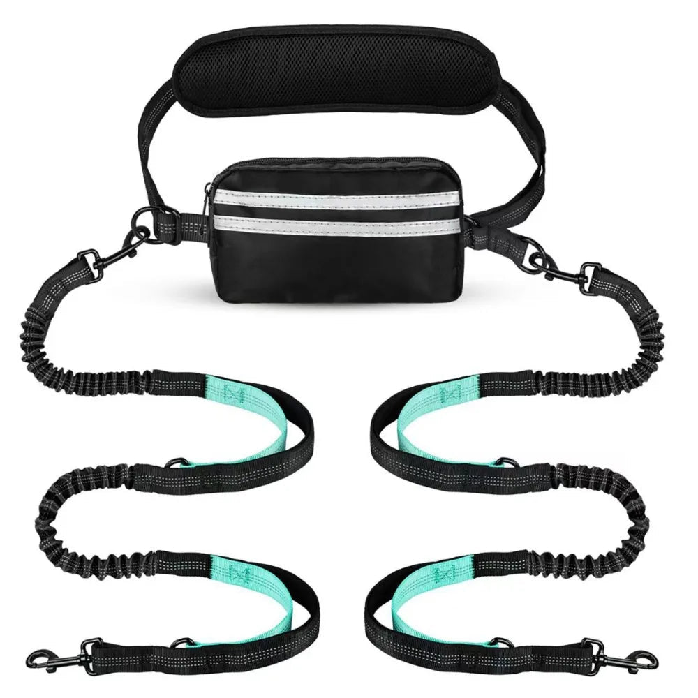 Hands-Free Dog Waist Leash with Reflective Strip & Zipper Pouch | Adjustable Belt, Dual or Single Bungee - Double Blue