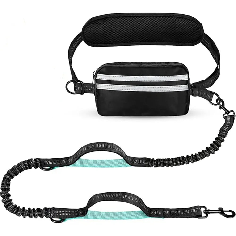 Hands-Free Dog Waist Leash with Reflective Strip & Zipper Pouch | Adjustable Belt, Dual or Single Bungee - Single Blue