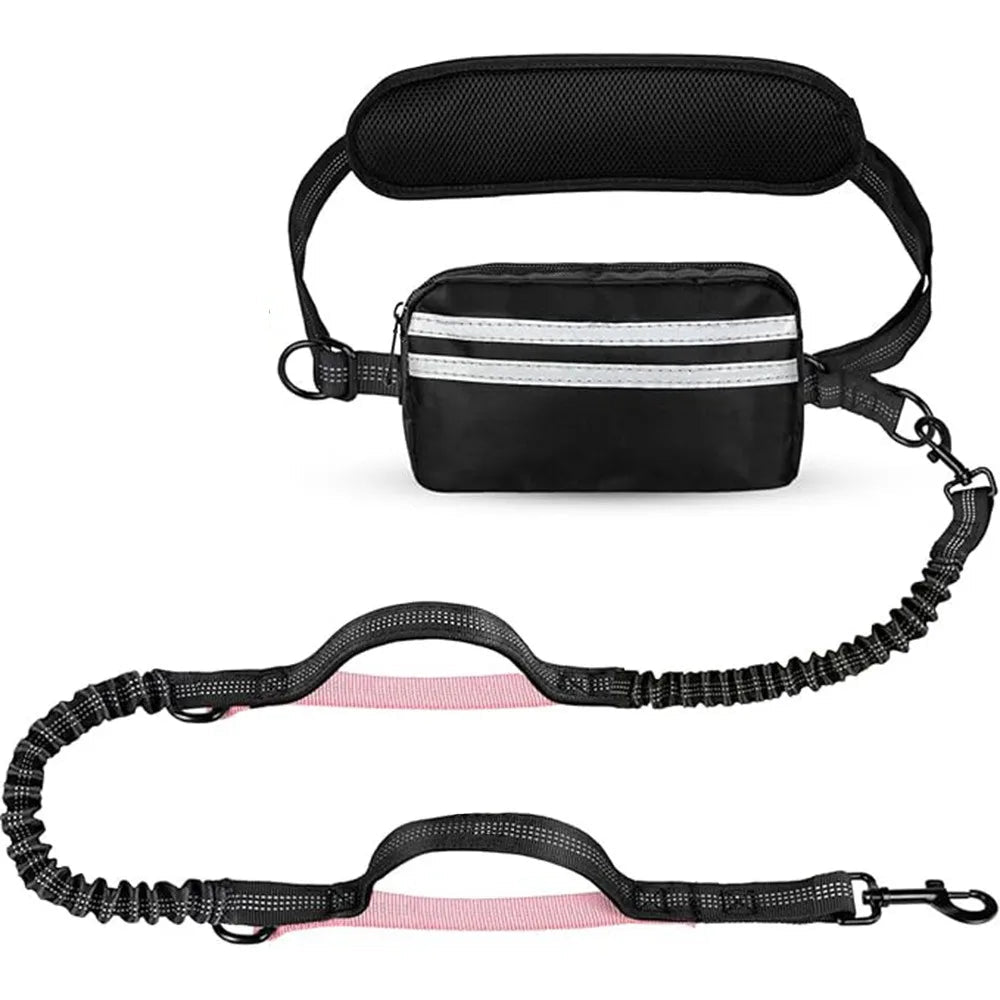 Hands-Free Dog Waist Leash with Reflective Strip & Zipper Pouch | Adjustable Belt, Dual or Single Bungee Single Pink