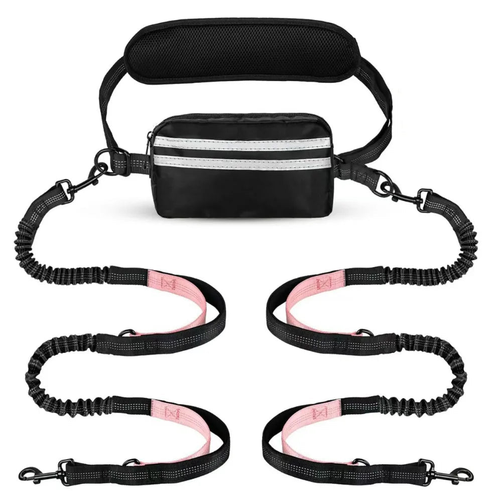 Hands-Free Dog Waist Leash with Reflective Strip & Zipper Pouch | Adjustable Belt, Dual or Single Bungee Double Pink