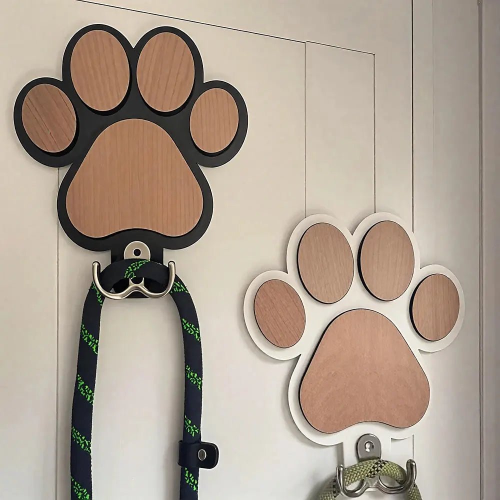 Paw Print Wooden Dog Leash Holder Wall Hook | Rustic Wood Organizer for Leashes, Collars & Gear - PeakPaws Co.