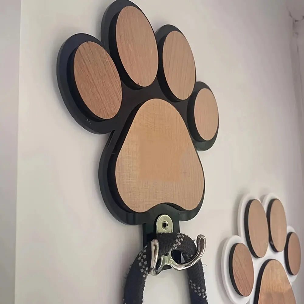 Paw Print Wooden Dog Leash Holder Wall Hook | Rustic Wood Organizer for Leashes, Collars & Gear - Black