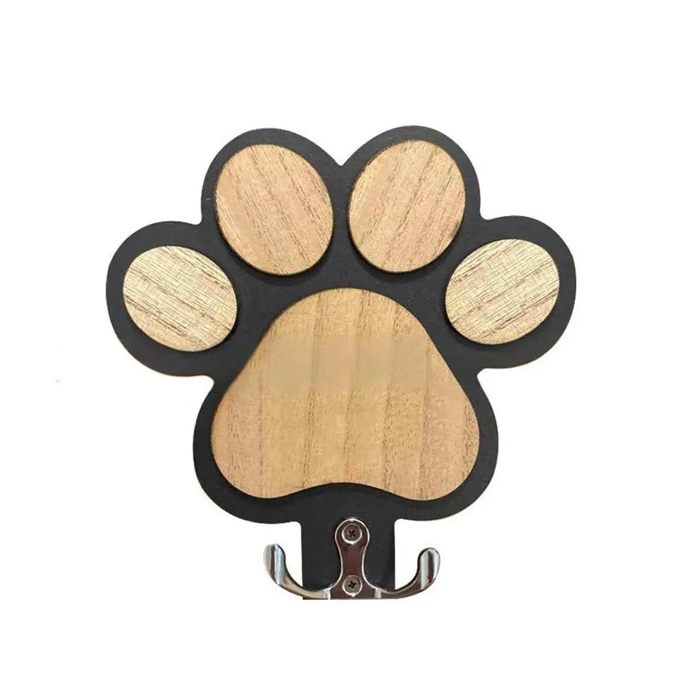Paw Print Wooden Dog Leash Holder Wall Hook | Rustic Wood Organizer for Leashes, Collars & Gear - Black