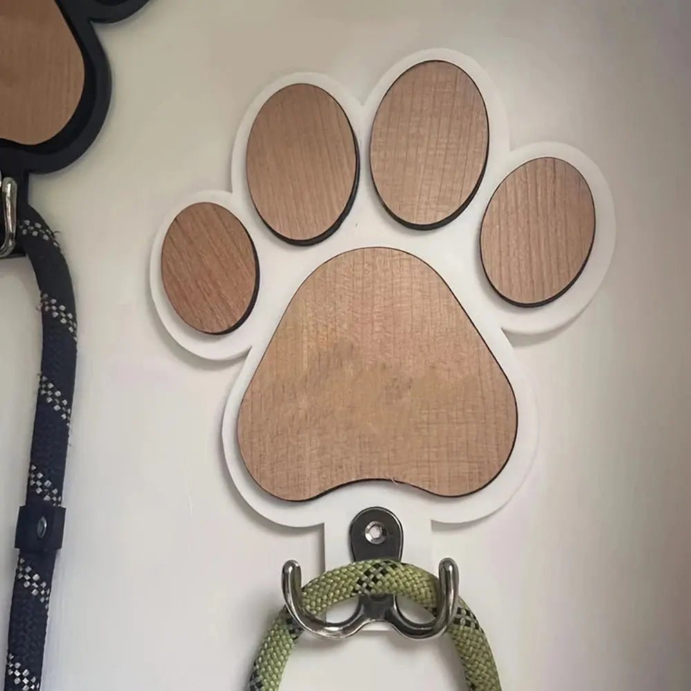 Paw Print Wooden Dog Leash Holder Wall Hook | Rustic Wood Organizer for Leashes, Collars & Gear - White