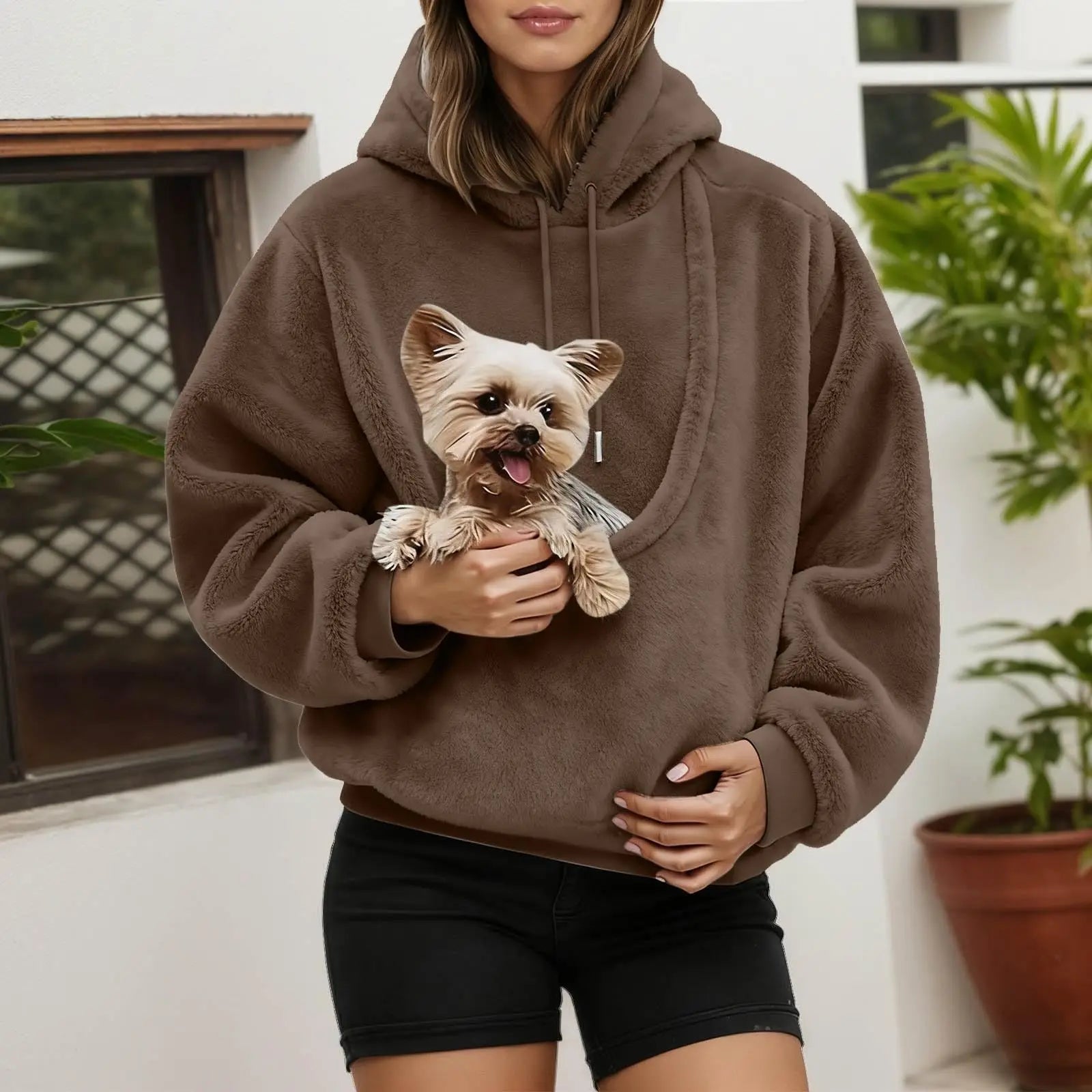 brown Pet Carrier Hoodie with Front Pouch – Hands-Free Dog Sweatshirt (S–2XL) - PeakPaws Co.