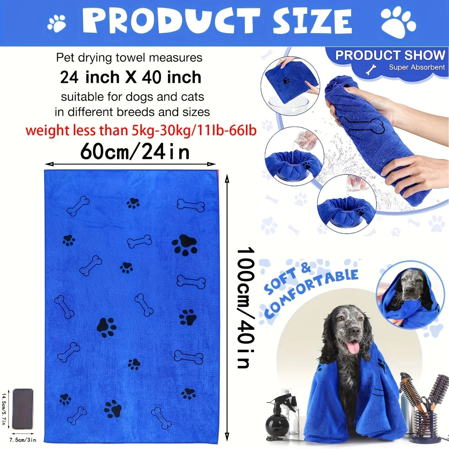 Size Chart for Quick-Dry Microfiber Dog Towel – Ultra Absorbent Pet Bath Towel - PeakPaws Co.