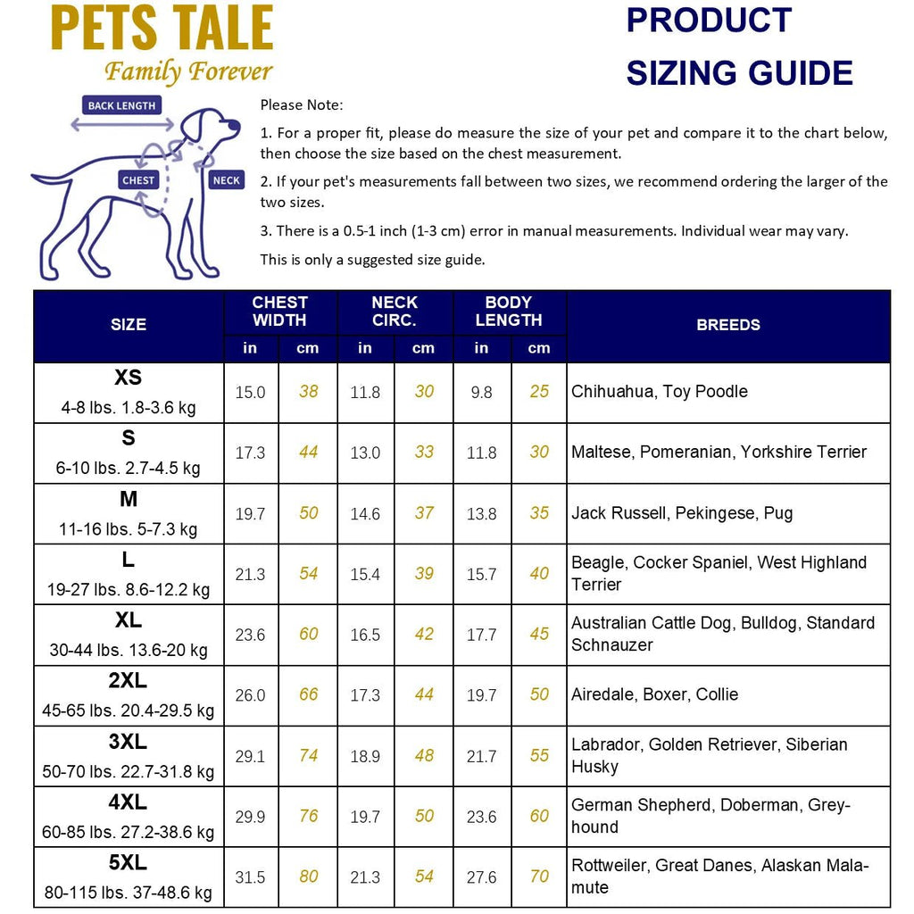Size Chart Reversible Dog Raincoat with Reflective Trim – Waterproof Jacket for Outdoor Adventures (XS–5XL) - PeakPaws Co.