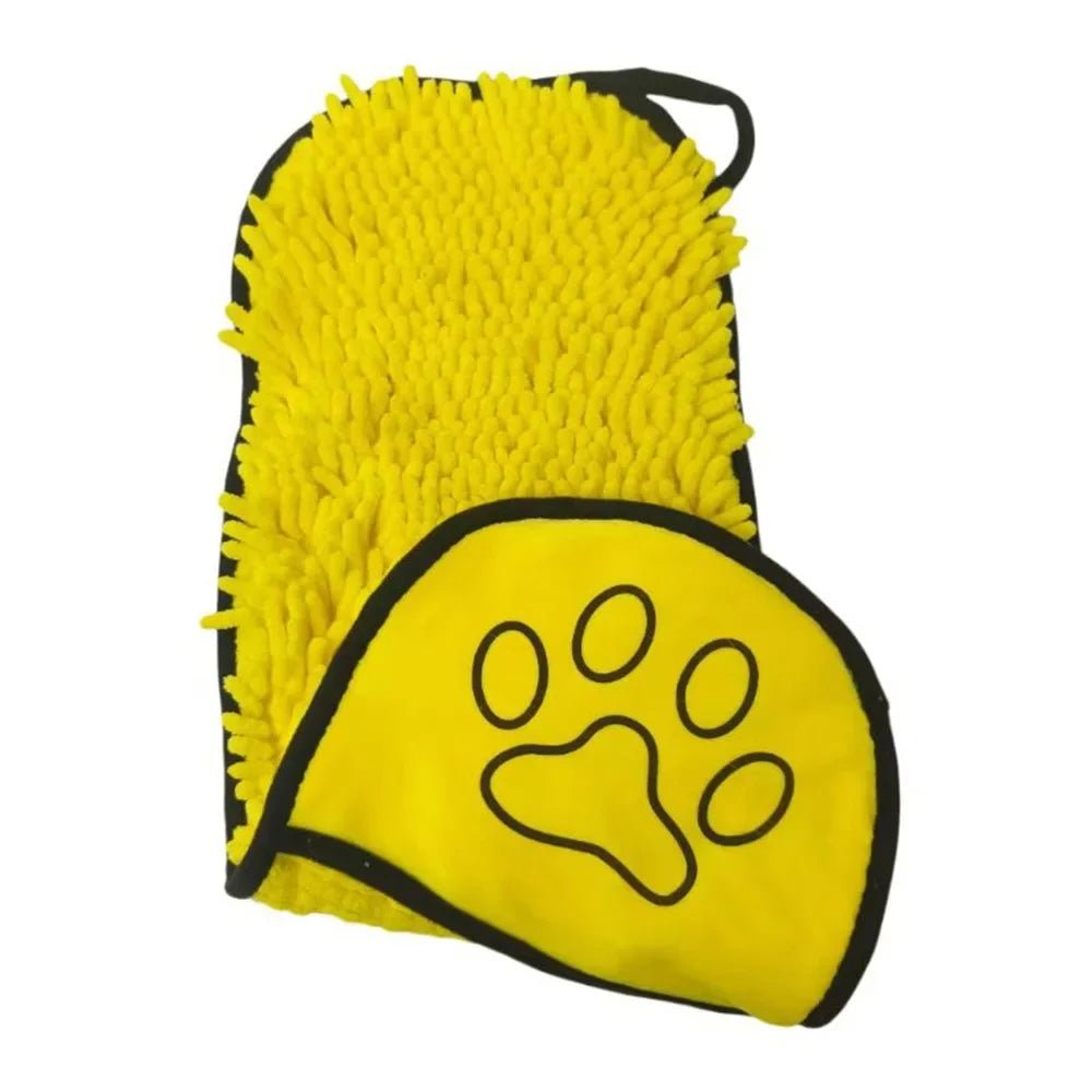 yellow Super Absorbent Dog Towel with Hand Pockets – Quick-Dry Chenille Pet Bath Towel - PeakPaws Co.