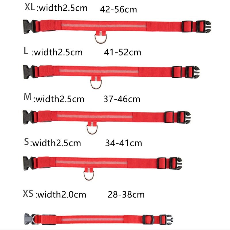 Size Chart for USB Rechargeable LED Waterproof Dog Collar with Detachable Light - PeakPaws Co.