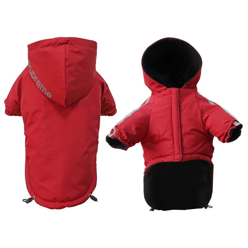 red Waterproof Dog Winter Coat with Hood – Fleece Lined Reflective Jacket for Dogs (Up to 55 lbs, Black/Red) - PeakPaws Co.