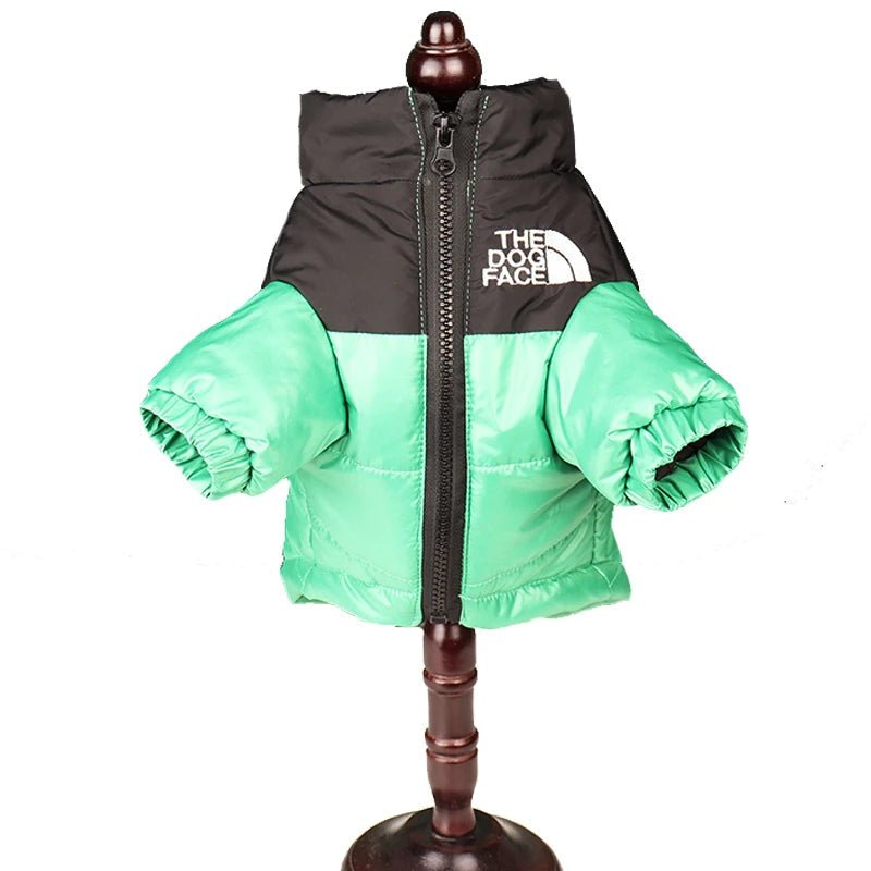 Windproof 'The Dog Face' Winter Jacket with Reflective Trim – Zip-Up Warm Coat for Small & Medium Dogs (Up to 55 lbs) green